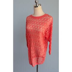Vintage 1980s 90s Open Weave Peach Pink Tunic See Through Size Med Top Crochet